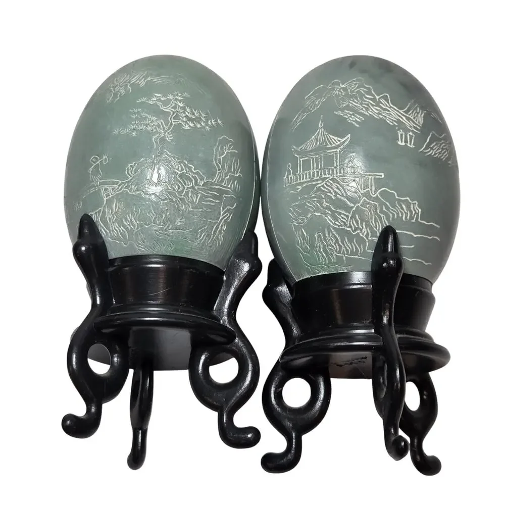 Vintage Hong Kong Faux Jade Egg Salt & Pepper Shakers Asian Landscape w/ Stands
